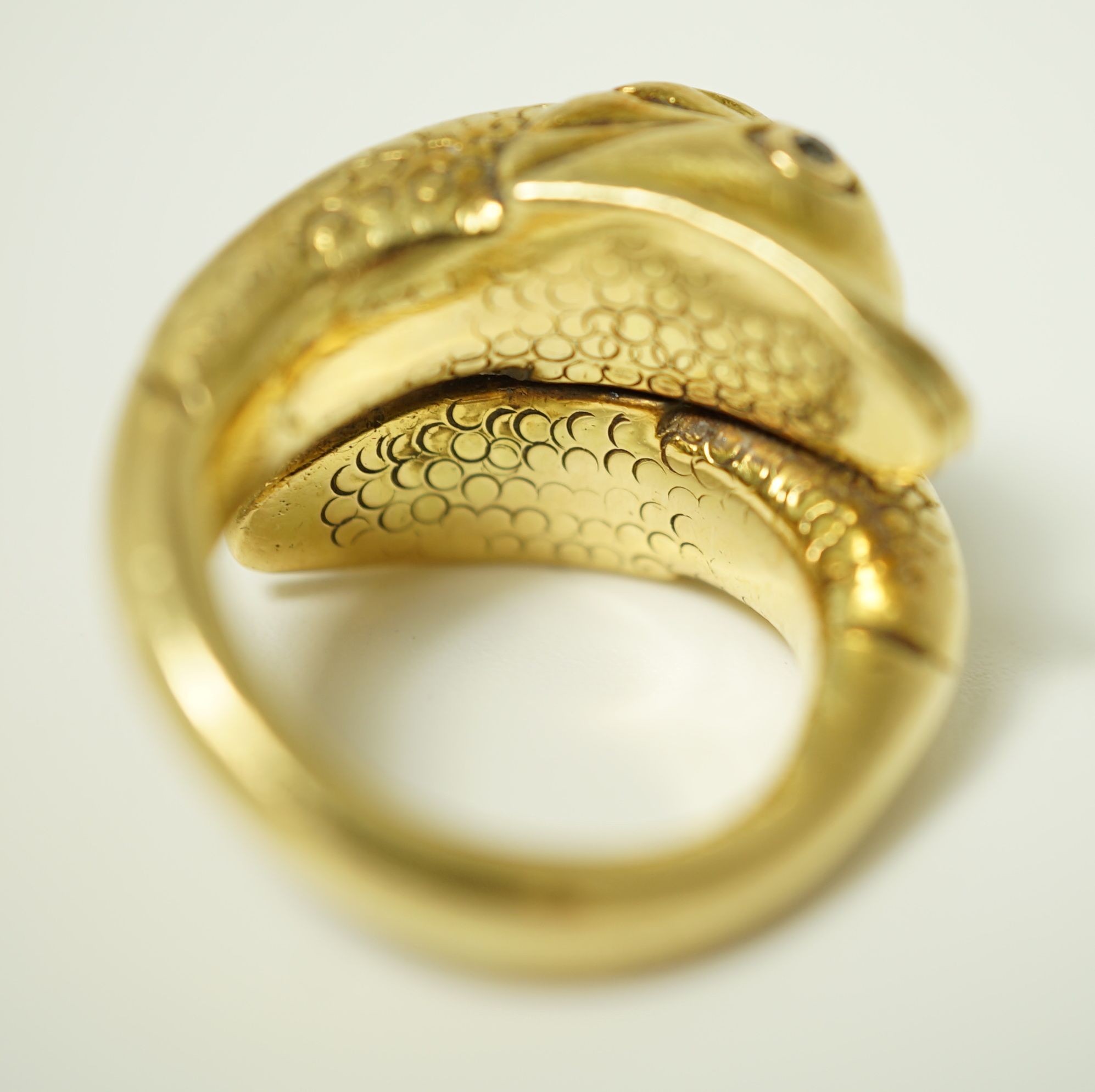 A yellow metal, sapphire an diamond set four stone dress ring, size L, gross 3.4 grams.